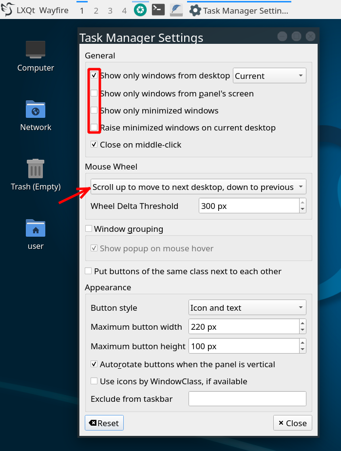 Taskmanager Settings Wayfire