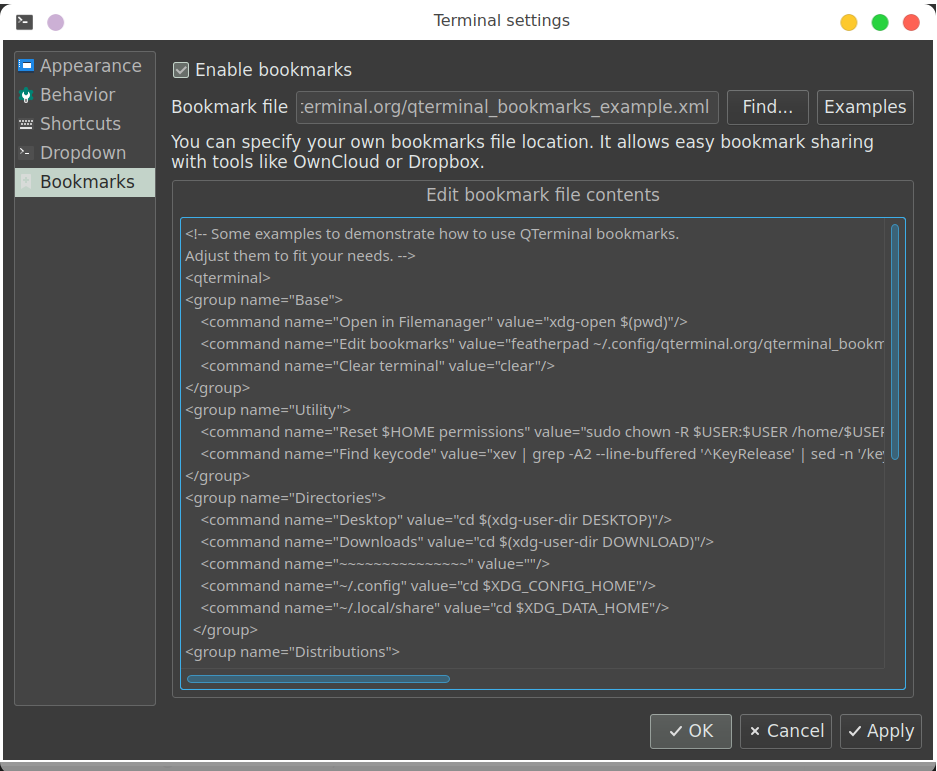 QTerminal bookmarks settings